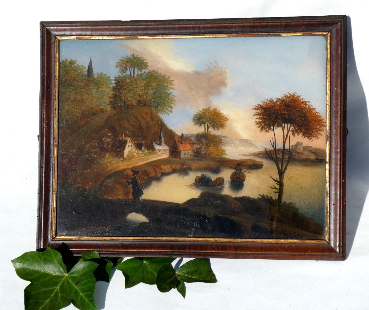 Large Painting Fixed Under Glass 18th Century Village Scene, Lake, Small Trades