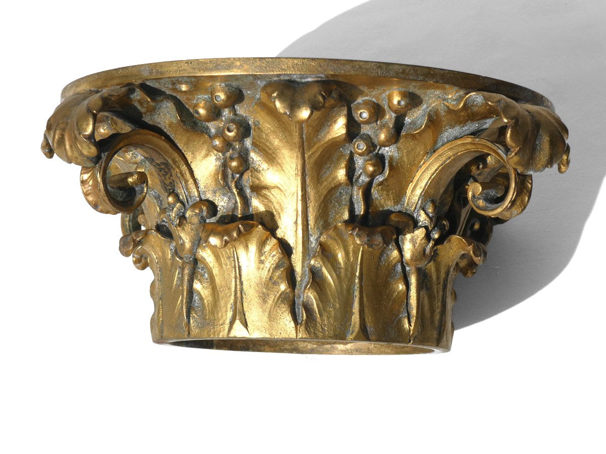 Chapiteau Corinthien En Bronze Doré , époque Napoléon III , XIXe , Element d'Architecture Socle-photo-4