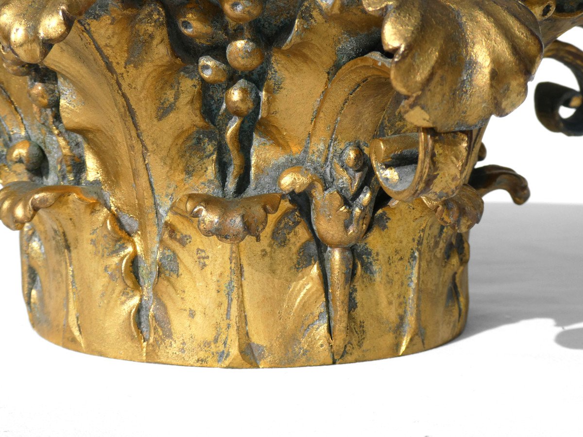 Corinthian Capital In Gilt Bronze, Napoleon III Period, 19th Century, Architectural Element Base-photo-1