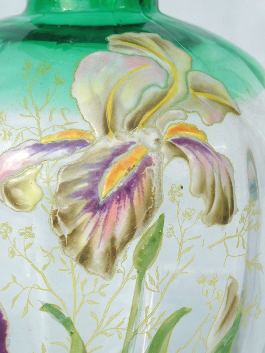 Legras Enameled Glass Pitcher, Art Nouveau Style Iris Decor, Period 1900 19th Century Pitcher Carafe-photo-2