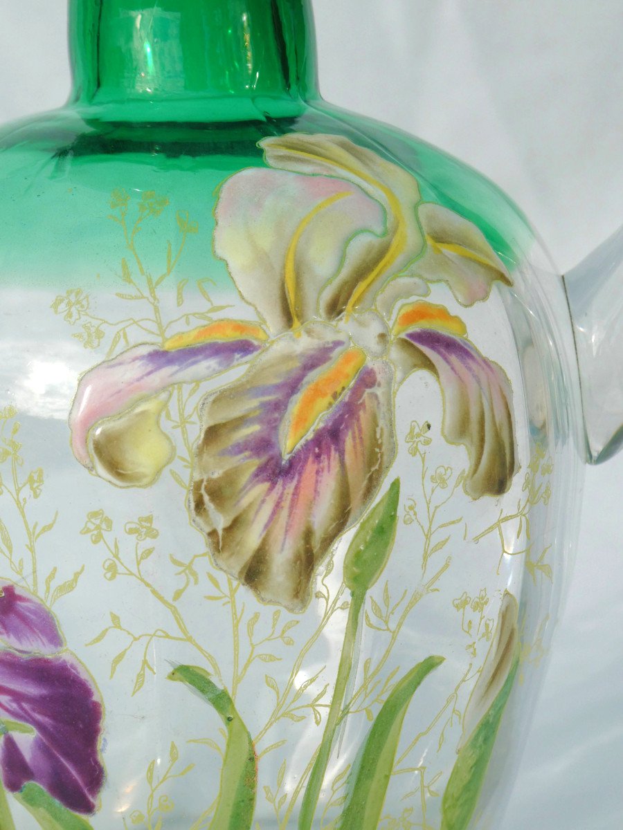 Legras Enameled Glass Pitcher, Art Nouveau Style Iris Decor, Period 1900 19th Century Pitcher Carafe-photo-4