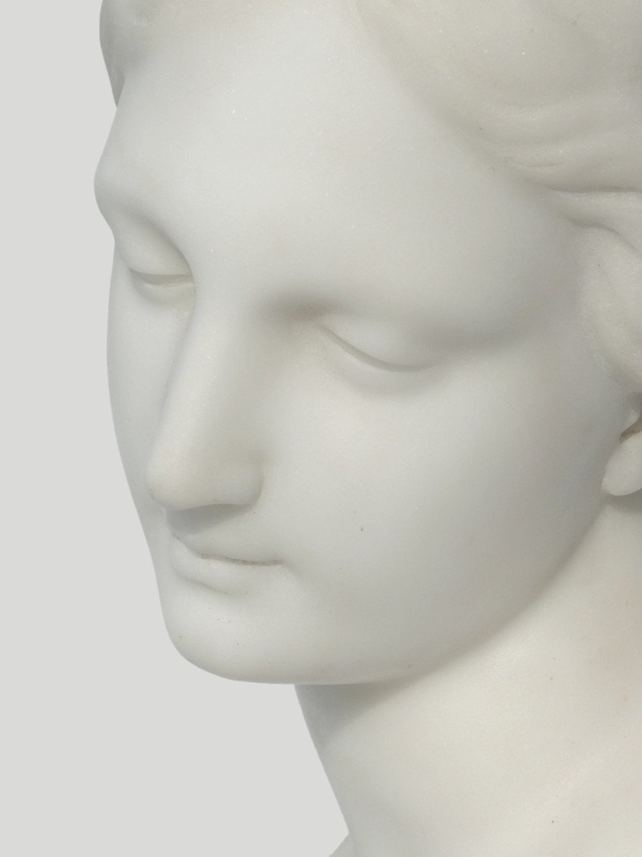 White Carrara Marble Bust, Young Woman In Antique Style, 19th Century Renaissance, Wicar Lille-photo-3