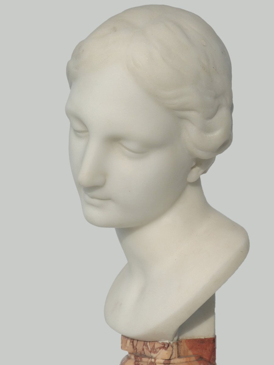 White Carrara Marble Bust, Young Woman In Antique Style, 19th Century Renaissance, Wicar Lille-photo-4