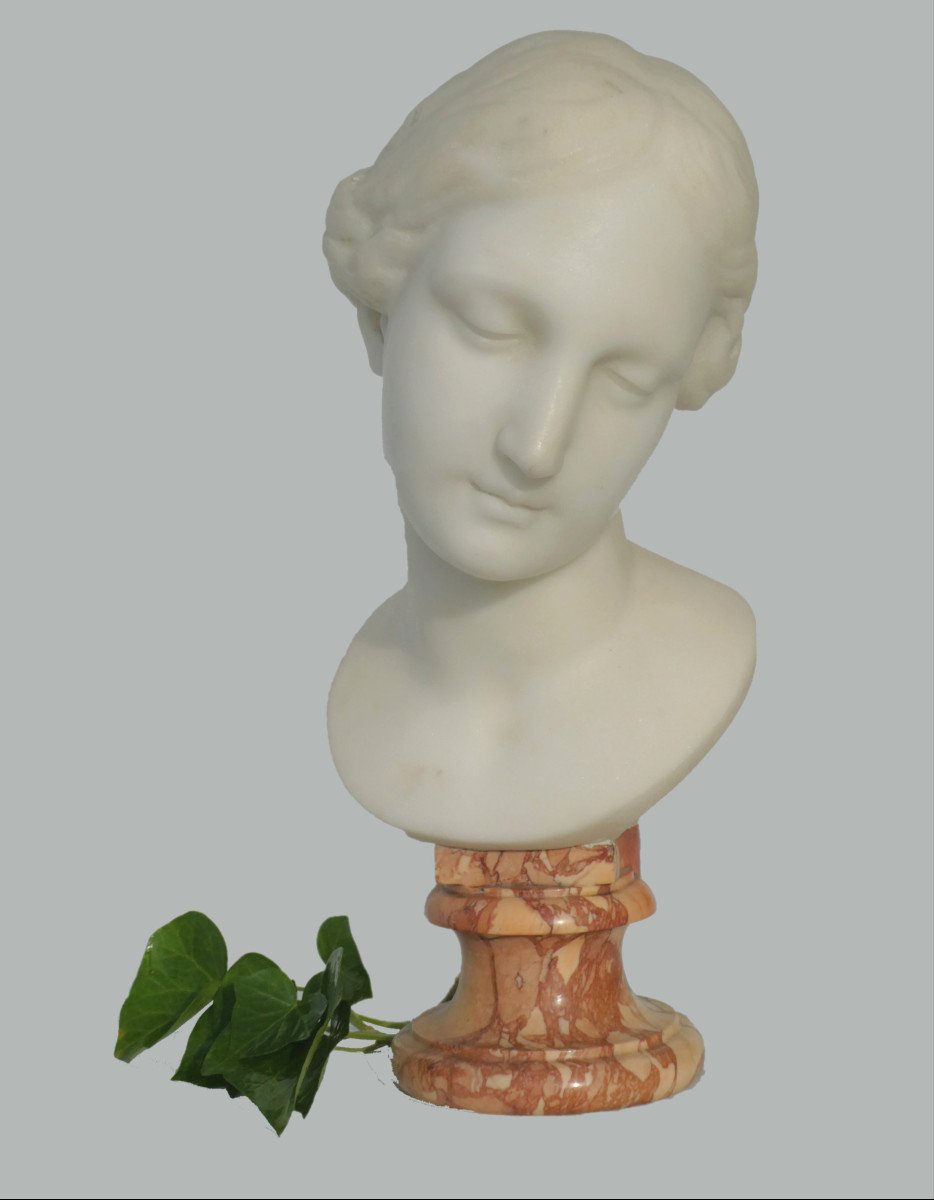 White Carrara Marble Bust, Young Woman In Antique Style, 19th Century Renaissance, Wicar Lille