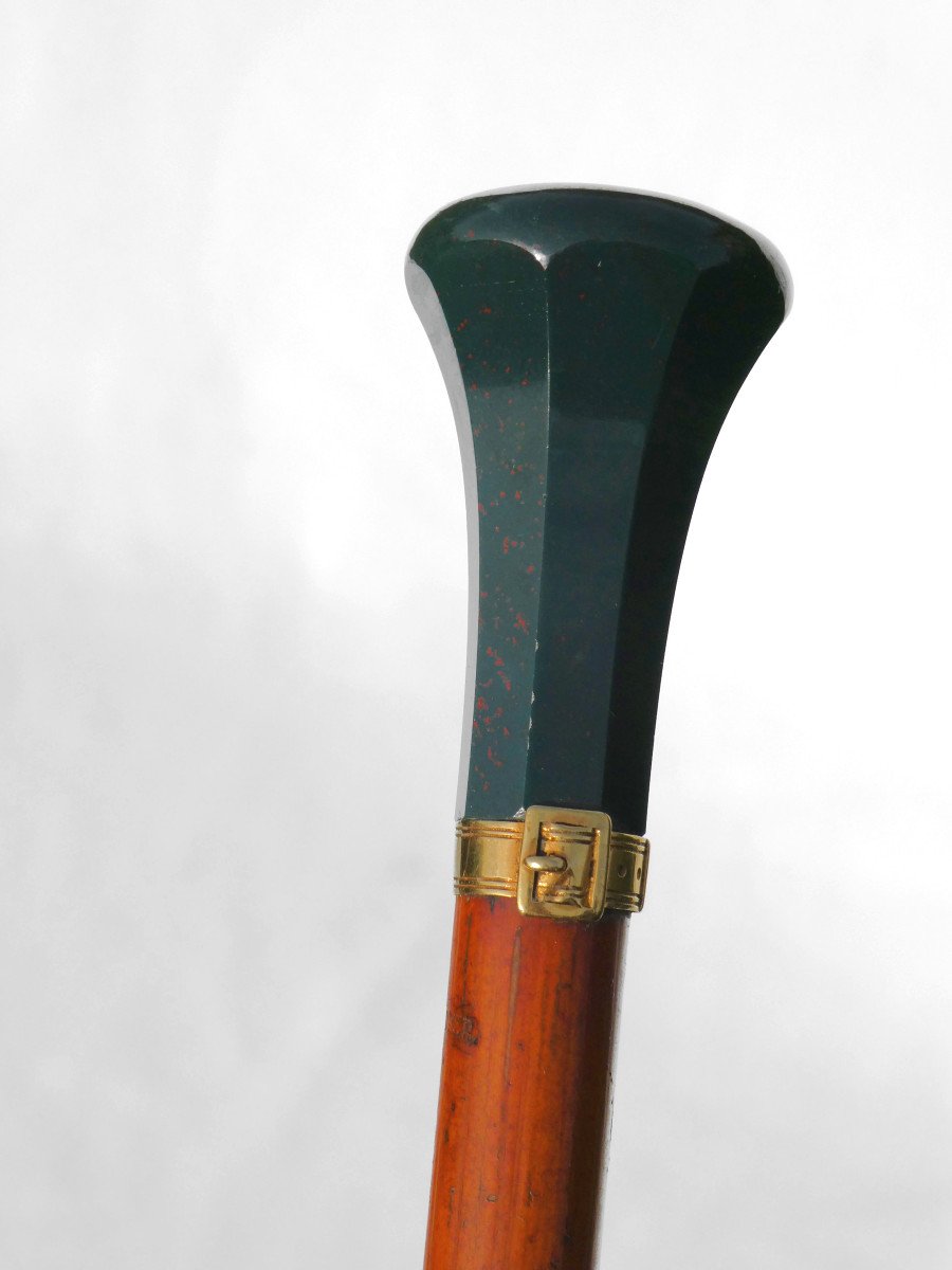 Walking Cane, Late 19th Century Period, Sanguine Jasper And Gold Handle, Dandy Accessory-photo-4