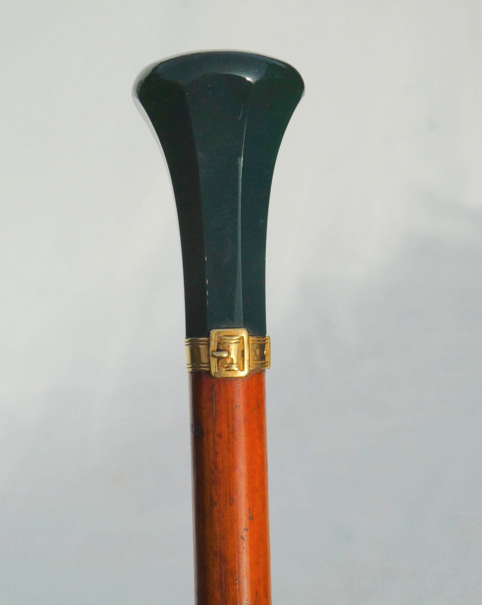 Walking Cane, Late 19th Century Period, Sanguine Jasper And Gold Handle, Dandy Accessory-photo-1