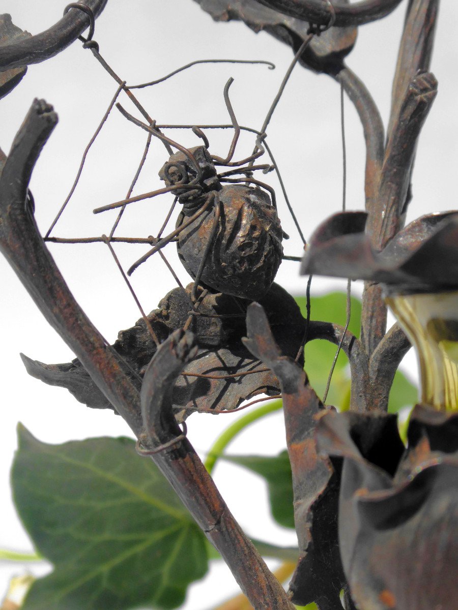 Encrier En Metal Martelé , époque Art Nouveau , Vers 1915 Insecte Toile d' Araignée 1900 Bureau-photo-4