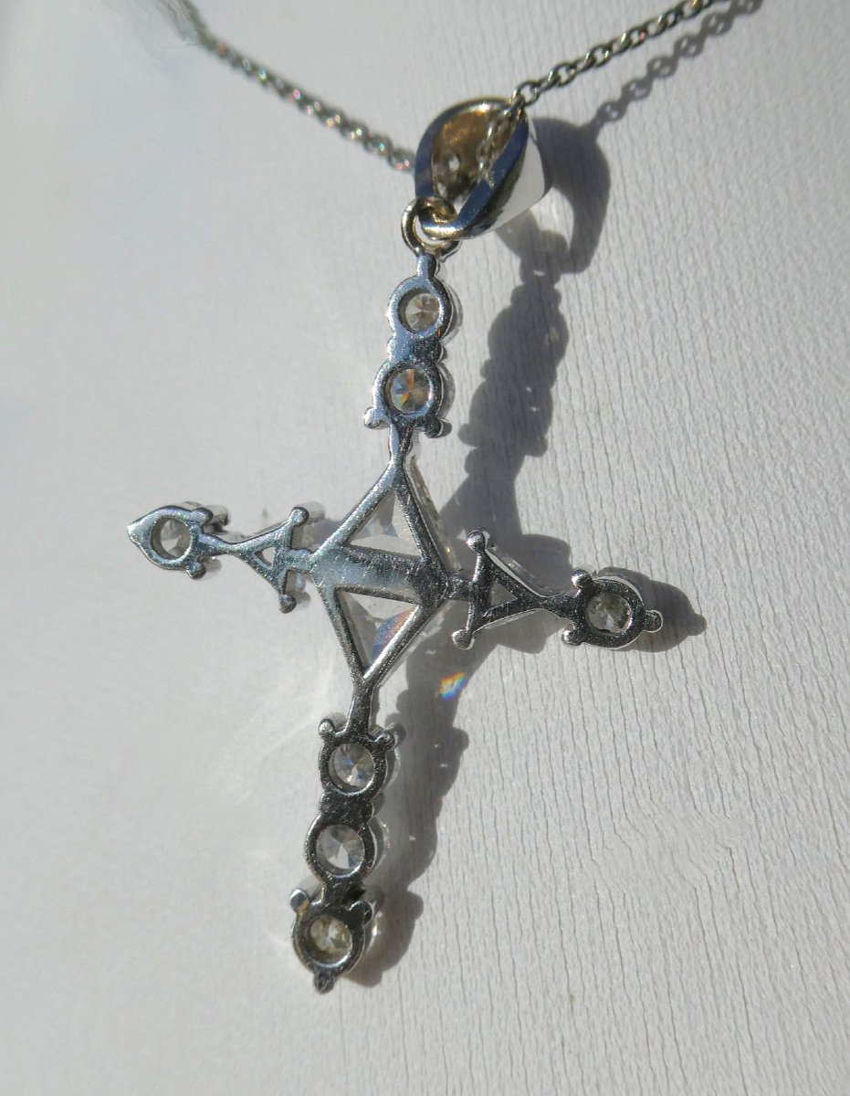 Cross Pendant In White Gold & Diamonds, Art Deco Style, Jewel-photo-4