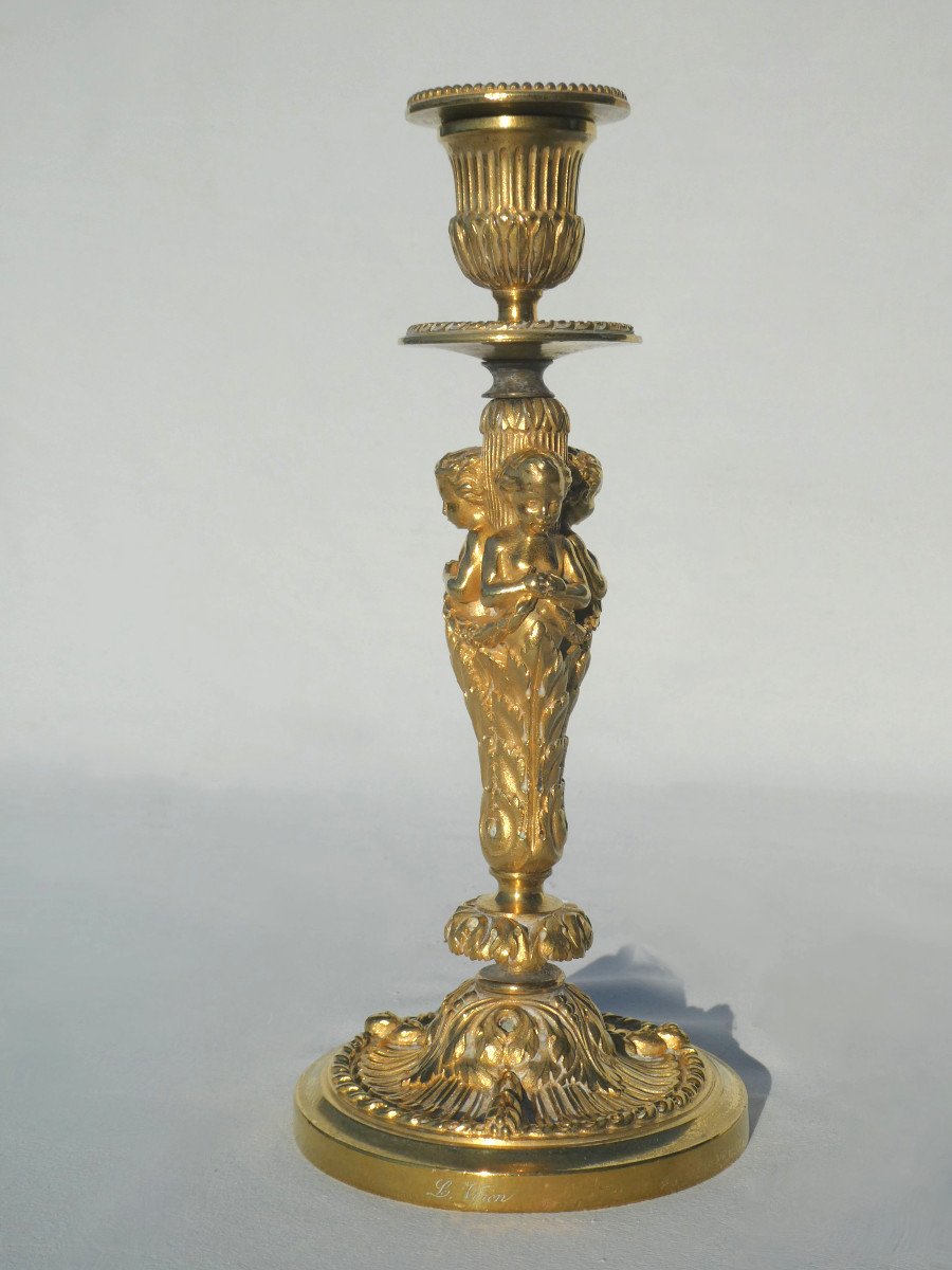 Pair Of Flambeau Candlesticks In Gilt Bronze; Napoleon III Period 19th Century, Signed L. Viron-photo-3