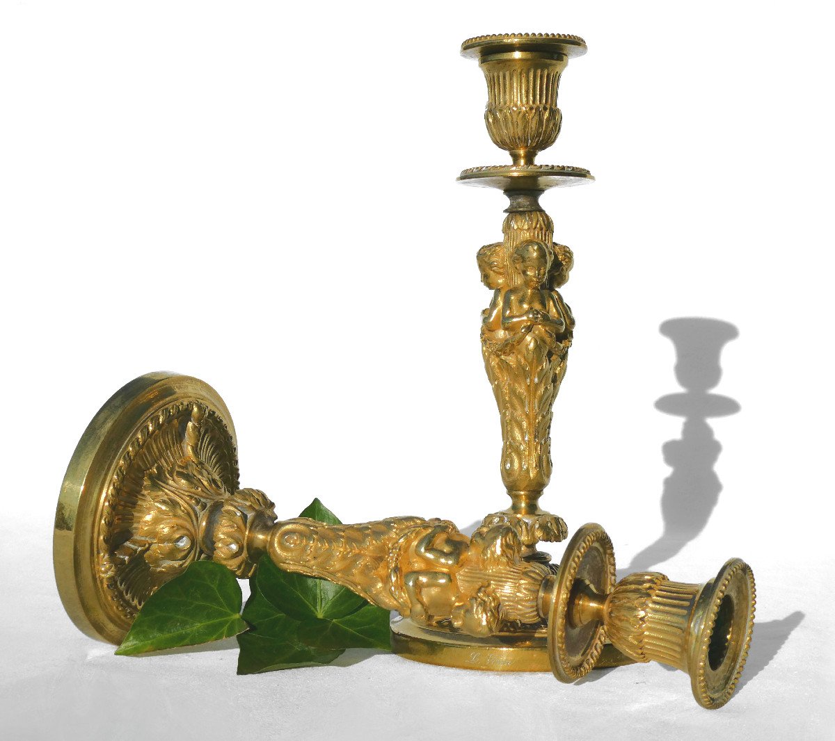 Pair Of Flambeau Candlesticks In Gilt Bronze; Napoleon III Period 19th Century, Signed L. Viron-photo-4