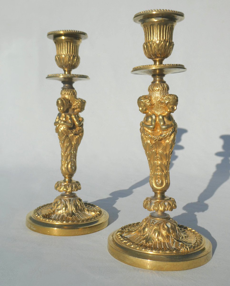 Pair Of Flambeau Candlesticks In Gilt Bronze; Napoleon III Period 19th Century, Signed L. Viron-photo-5