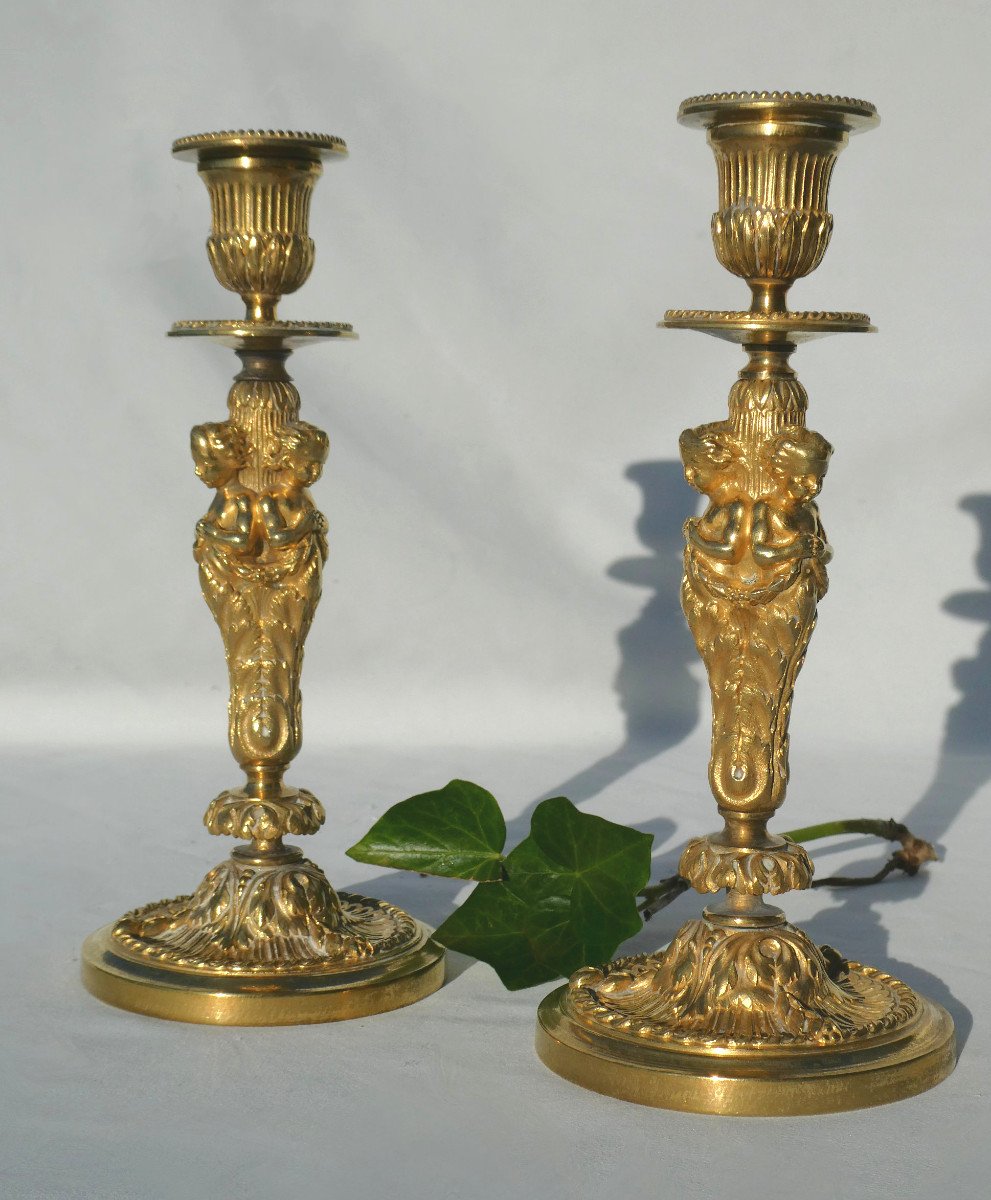 Pair Of Flambeau Candlesticks In Gilt Bronze; Napoleon III Period 19th Century, Signed L. Viron