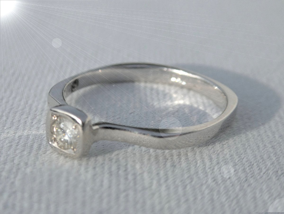 Art Deco Ring In White Gold & Solitaire Diamond 1940 Style, Geometric Mount Jewel-photo-4