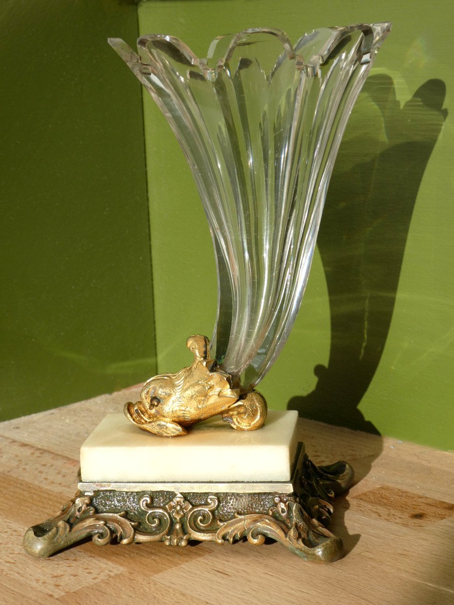 Vase Cornet En Cristal De Baccarat / Marbre & Bronze Doré , Rhyton , XIXe , Style Empire-photo-2