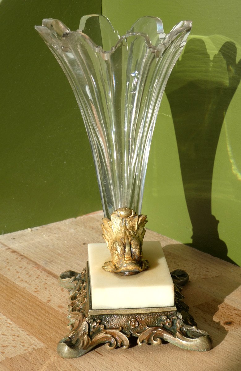 Vase Cornet En Cristal De Baccarat / Marbre & Bronze Doré , Rhyton , XIXe , Style Empire-photo-4