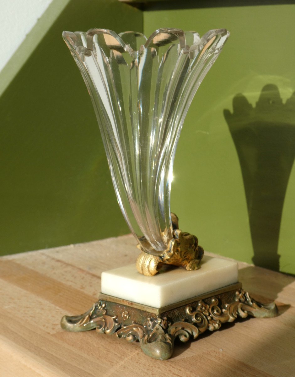 Vase Cornet En Cristal De Baccarat / Marbre & Bronze Doré , Rhyton , XIXe , Style Empire-photo-2