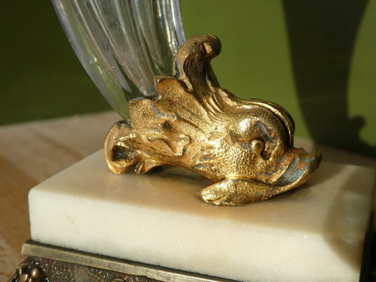 Vase Cornet En Cristal De Baccarat / Marbre & Bronze Doré , Rhyton , XIXe , Style Empire-photo-4