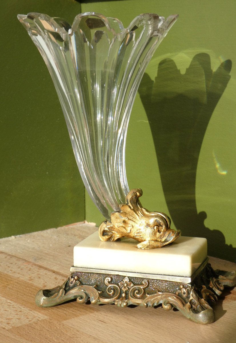 Vase Cornet En Cristal De Baccarat / Marbre & Bronze Doré , Rhyton , XIXe , Style Empire