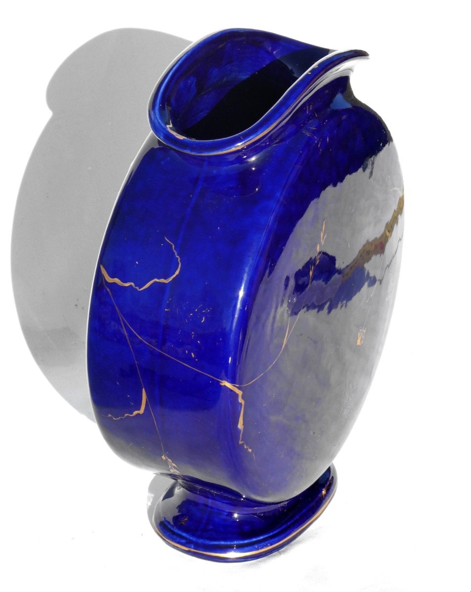 Flat Vase In Impressionist Earthenware, Period 1880, 19th Century Japanese Decor, Cobalt Blue-photo-5