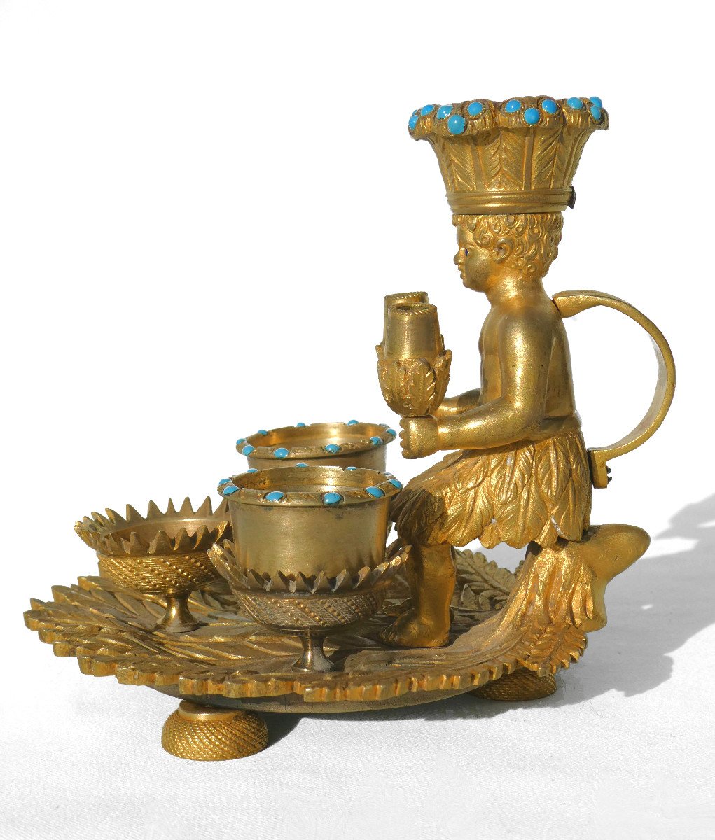 Hand Candle Holder Gilt Bronze & Turquoise Indian Loincloth Restoration Period 1820 Inkwell 19th-photo-2