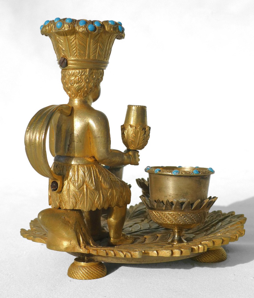 Hand Candle Holder Gilt Bronze & Turquoise Indian Loincloth Restoration Period 1820 Inkwell 19th-photo-1