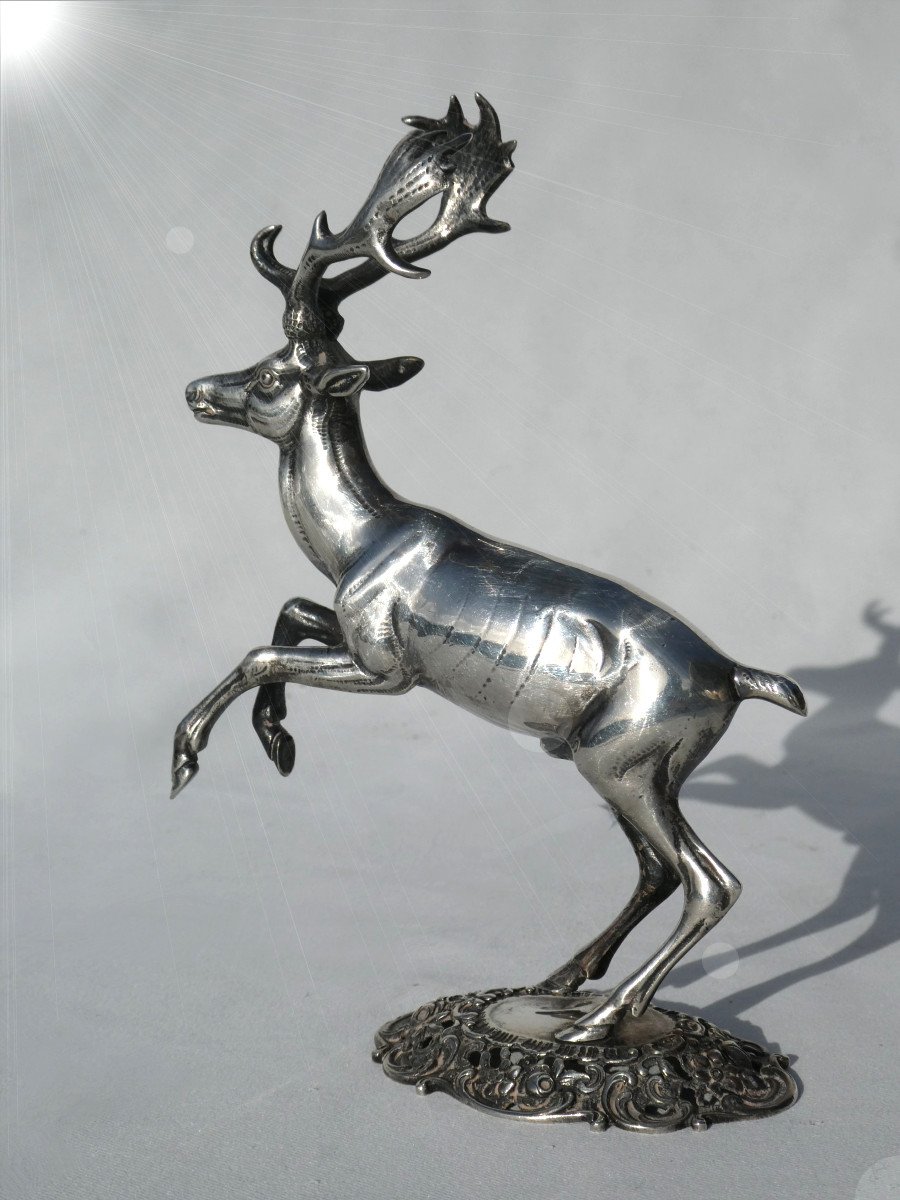 Sculpture Animaliere En Argent Massif , Cerf époque Napoléon III , XIXe , Venerie / Chasse 