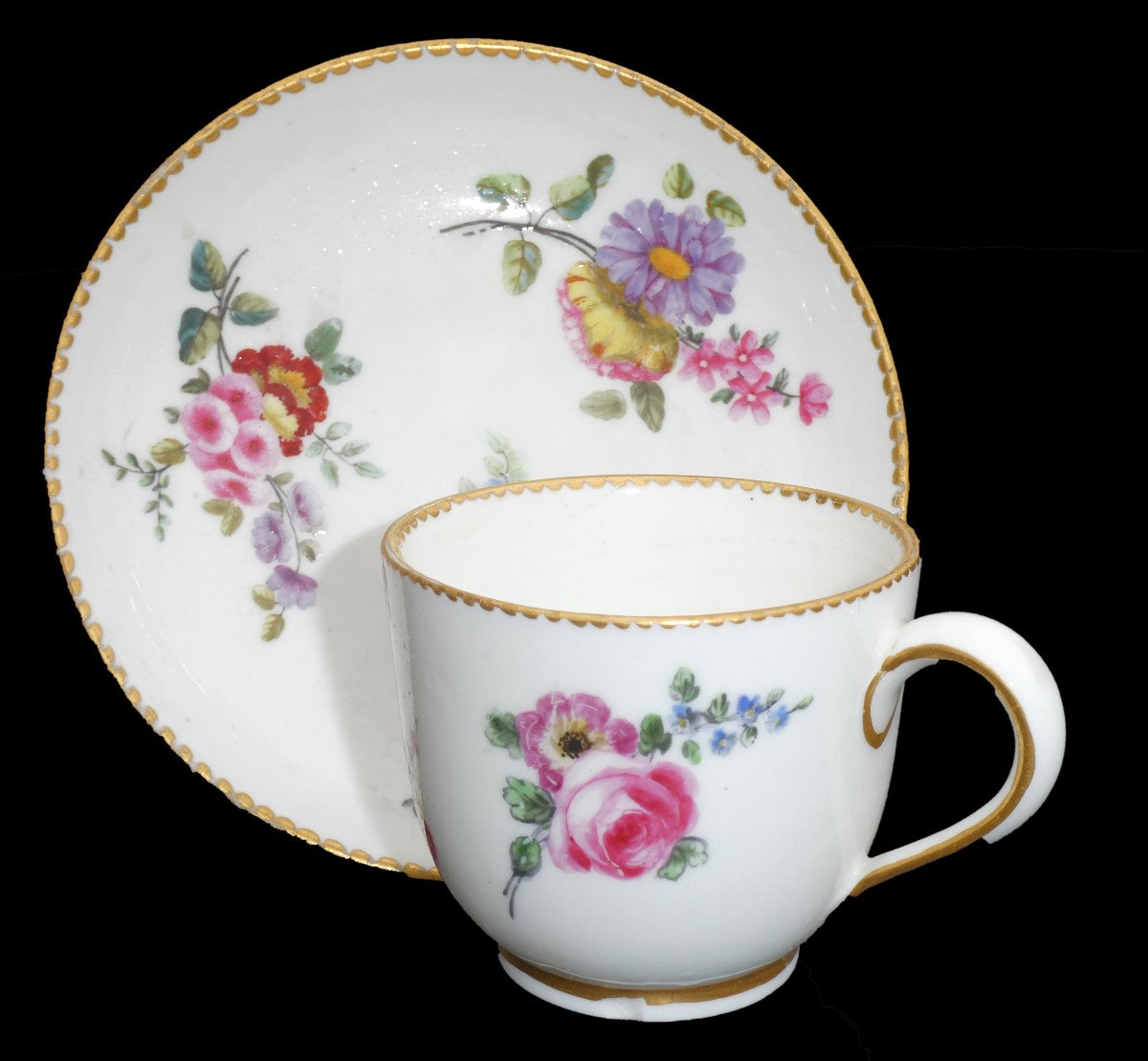 Cup & Saucer In Soft Porcelain From Vincennes / Sevres 18th Century, Flower Decor -photo-4