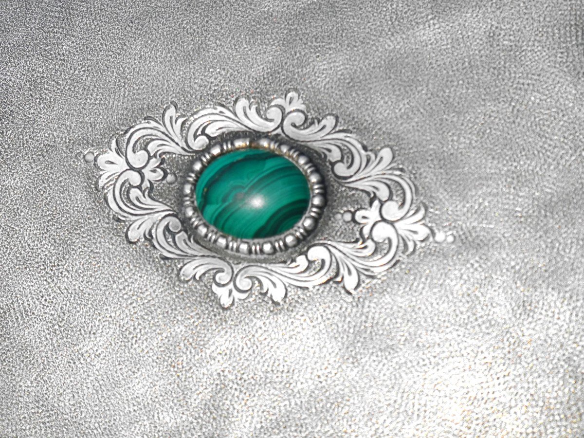 Grande Boite à Bijoux En Argent Massif , Style Napoléon III , Cabochon De Malachite , Coffret -photo-2