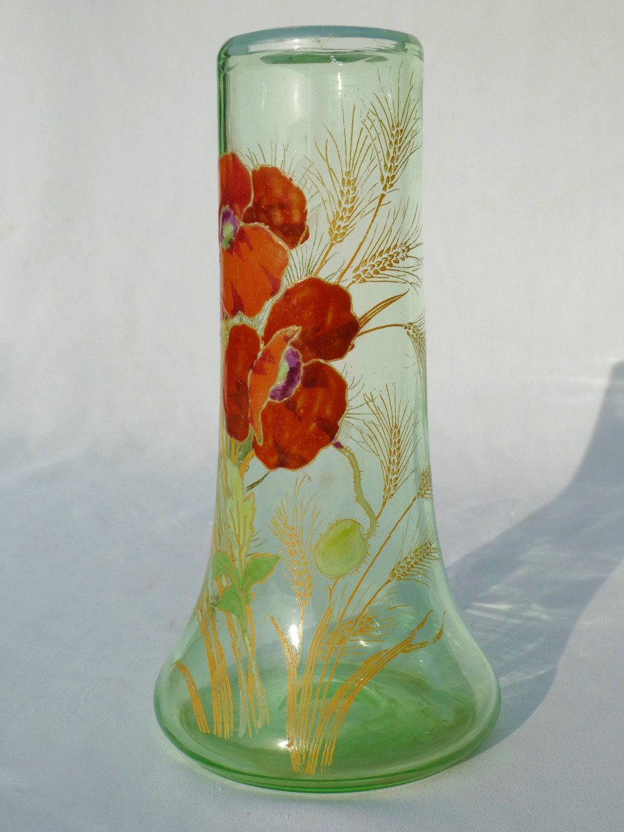 Vase En Verre Emaillé , Theodore Legras , Décor Art Nouveau , émail XIXe , Pavots Coquelicots-photo-2