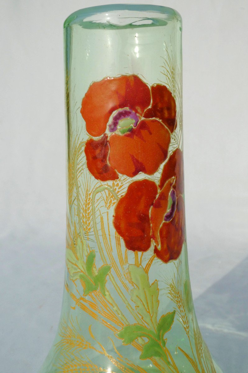 Vase En Verre Emaillé , Theodore Legras , Décor Art Nouveau , émail XIXe , Pavots Coquelicots-photo-3