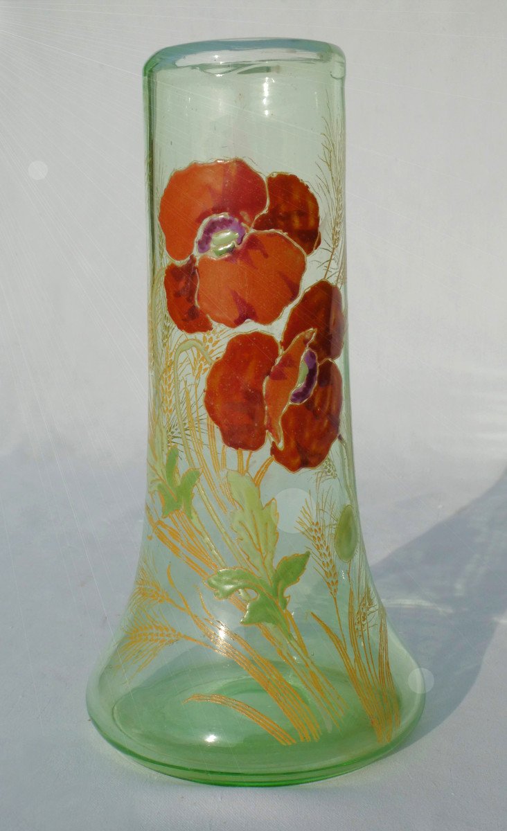 Vase En Verre Emaillé , Theodore Legras , Décor Art Nouveau , émail XIXe , Pavots Coquelicots