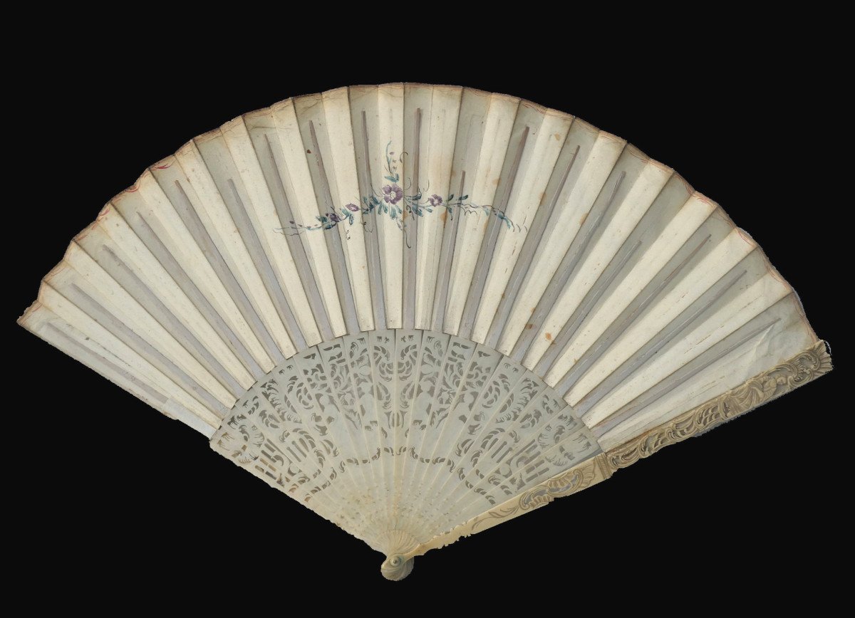 Large Louis XV Period Fan, Painting On Vellum, Rébecca And Eliézer, Ivory Frame-photo-4