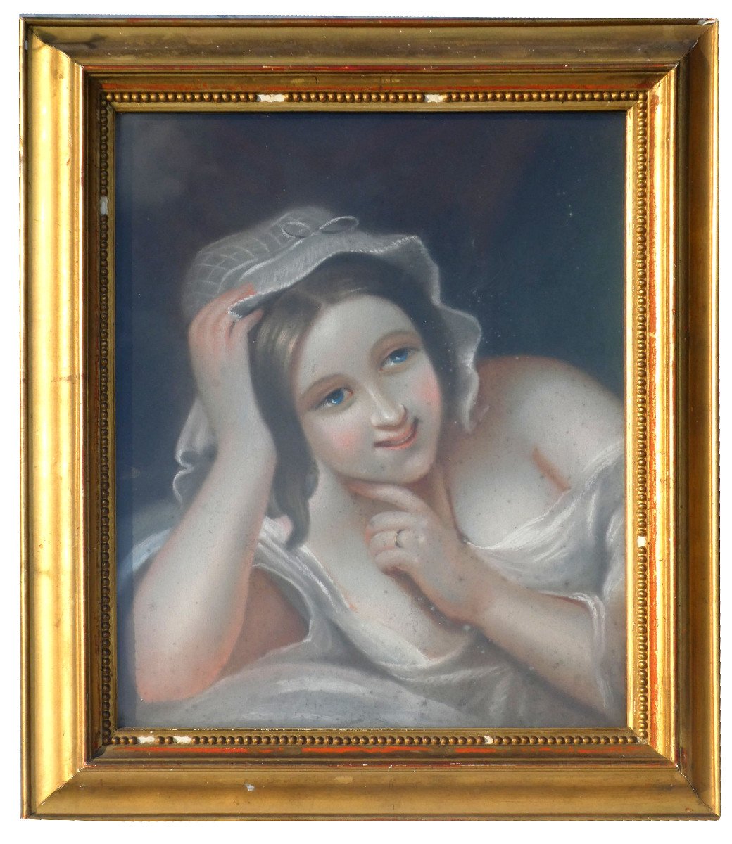 Portrait Of Young Naked Woman Pastel In The Taste Of Greuze, Erotic 19th Century Libertine, 18th Century