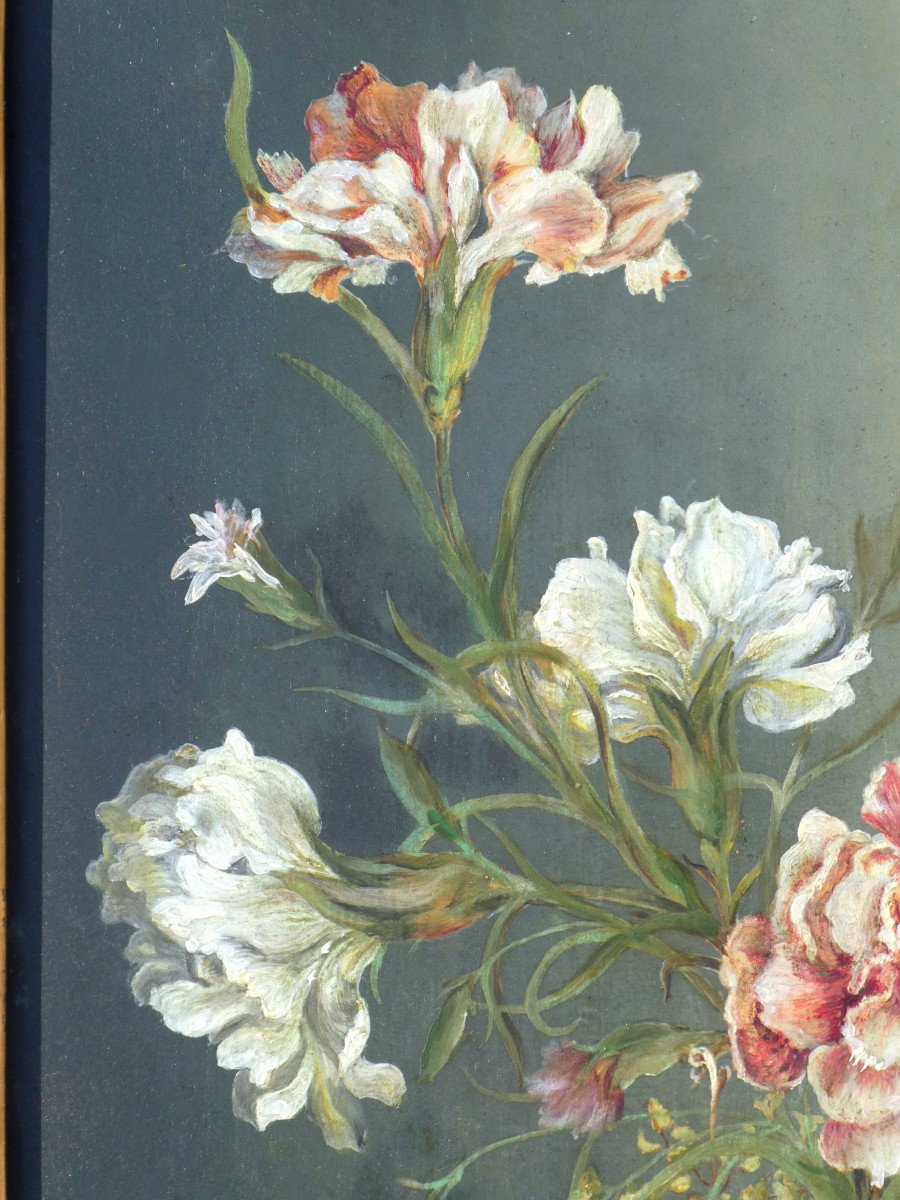 Peinture Sur Porcelaine Epoque Fin XIXe Siecle , Bouquet De Fleurs Napoléon III , Cadre Doré -photo-4