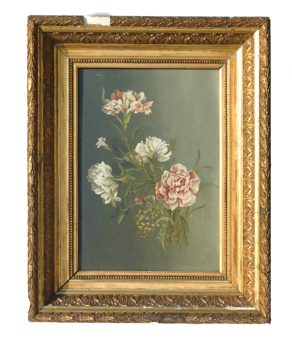 Peinture Sur Porcelaine Epoque Fin XIXe Siecle , Bouquet De Fleurs Napoléon III , Cadre Doré -photo-1