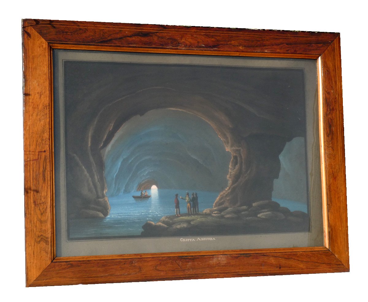 Grande Gouache Napolitaine , Souvenir Du Grand Tour , XIXe La Grotte Bleue A Capri Volcan 1820