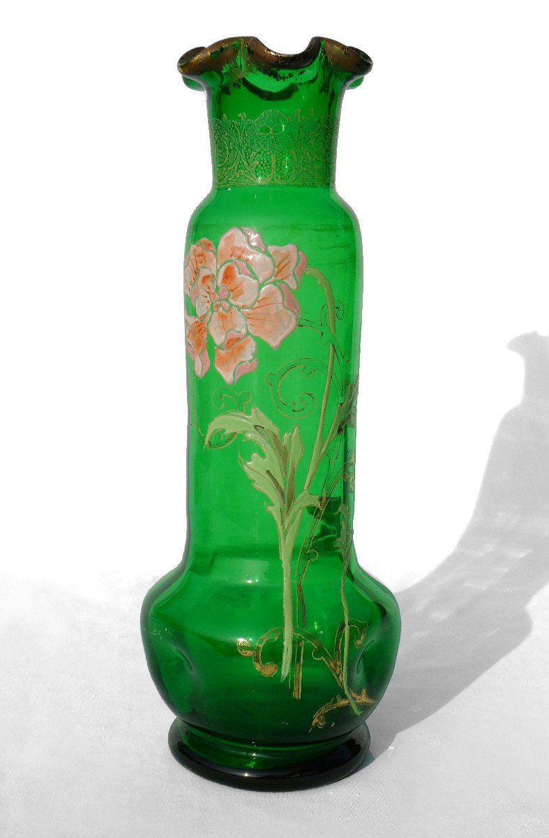 Enameled Glass Vase, Theodore Legras, Spring Green, 1900 Period Art Nouveau Style 19th Century,