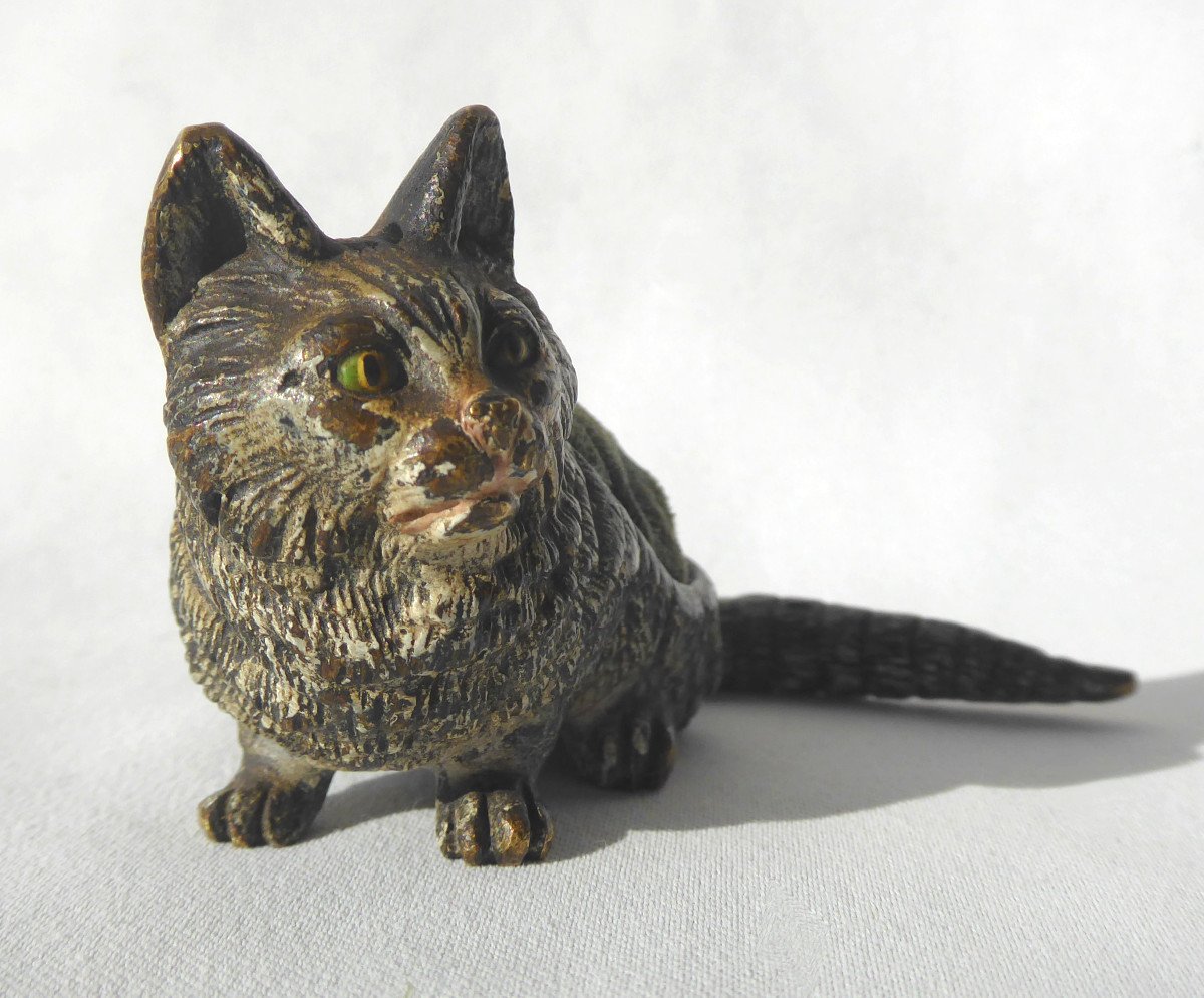 Polychrome Vienna Bronze Signed Geshutz Sewing Object Needle Holder 19th Century Cat Cushion-photo-3
