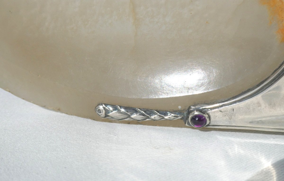 Vide Poche Epoque 1900 , Pierre Dure & Metal Argenté , Agathe Et Amethyste 1910 , Baguier-photo-3