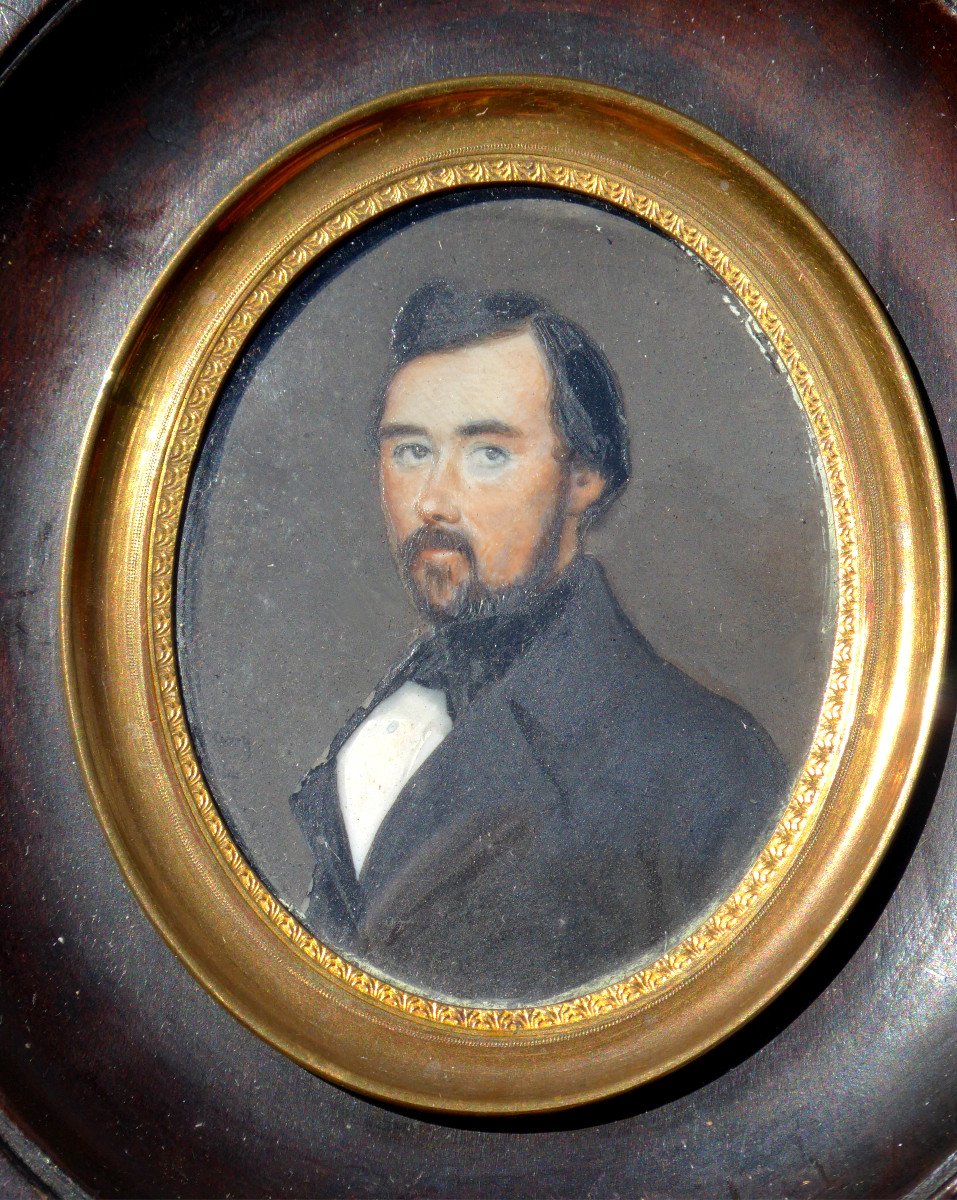 Portrait De Dandy Début XIXe Siecle , Daté 1844 Et Signé , Miniature Homme , Aquarelle -photo-3