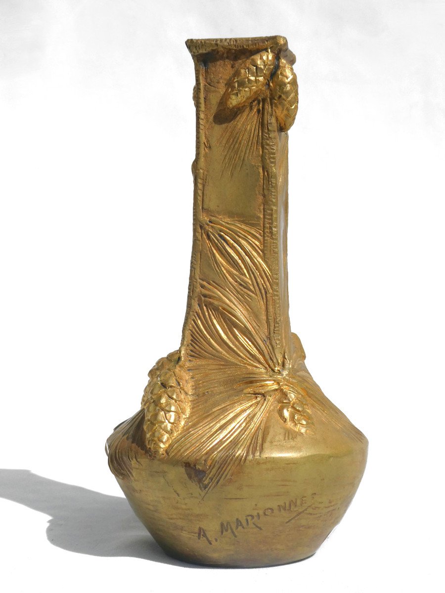 Vase En Bronze Doré , Signé Albert Marionnet 1852 1910 , Style Art Nouveau , Pommes De Pin XIXe-photo-2