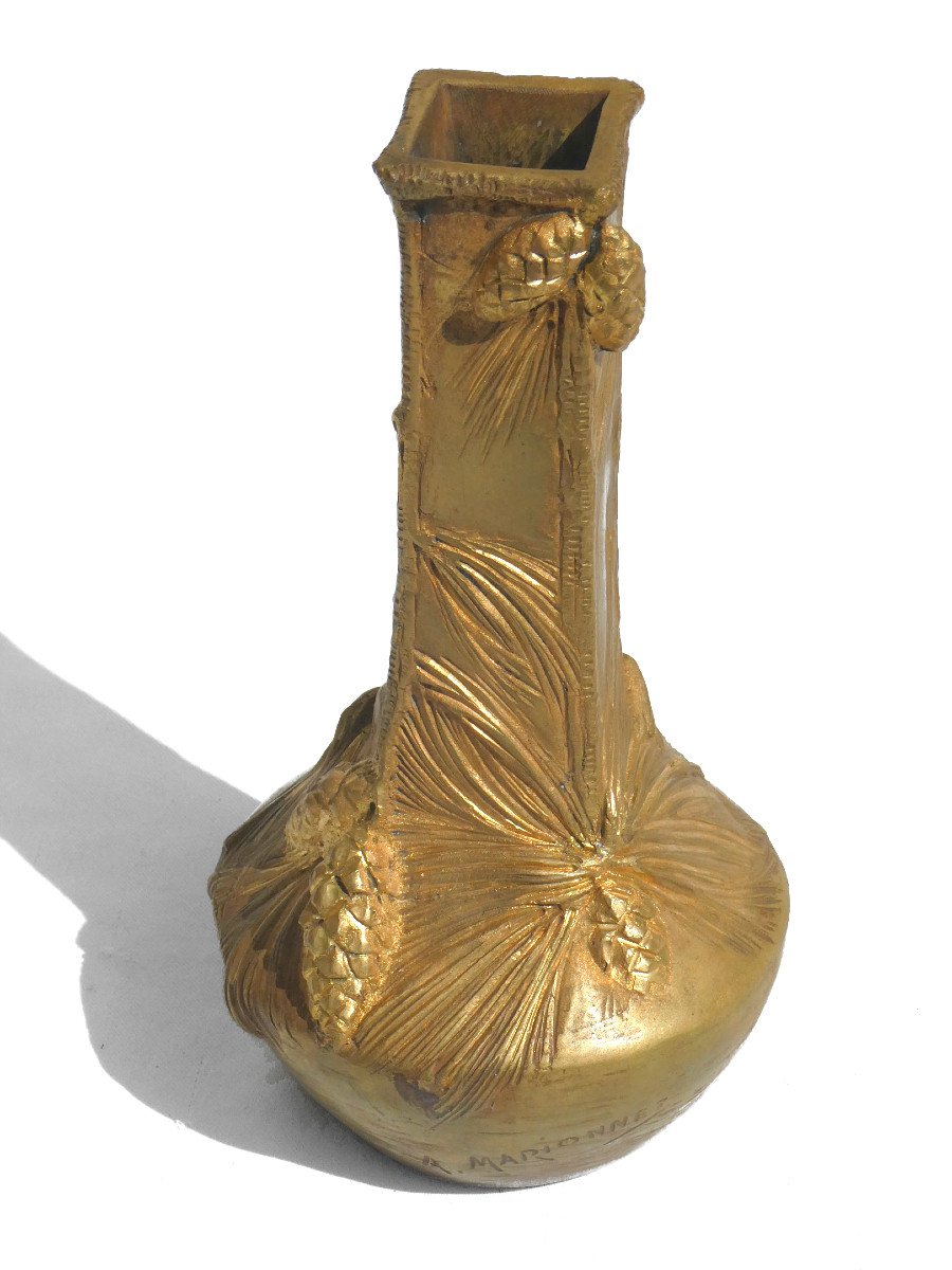 Vase En Bronze Doré , Signé Albert Marionnet 1852 1910 , Style Art Nouveau , Pommes De Pin XIXe-photo-3