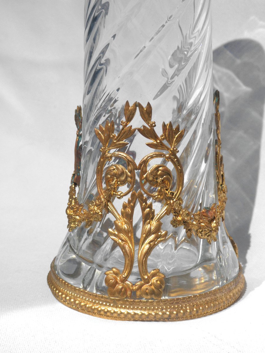 Baccarat Crystal Vase, Louis XVI Style Gilt Bronze Frame, 19th Century, Twisted Bamboo-photo-2