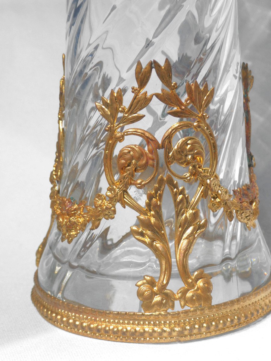 Baccarat Crystal Vase, Louis XVI Style Gilt Bronze Frame, 19th Century, Twisted Bamboo-photo-1