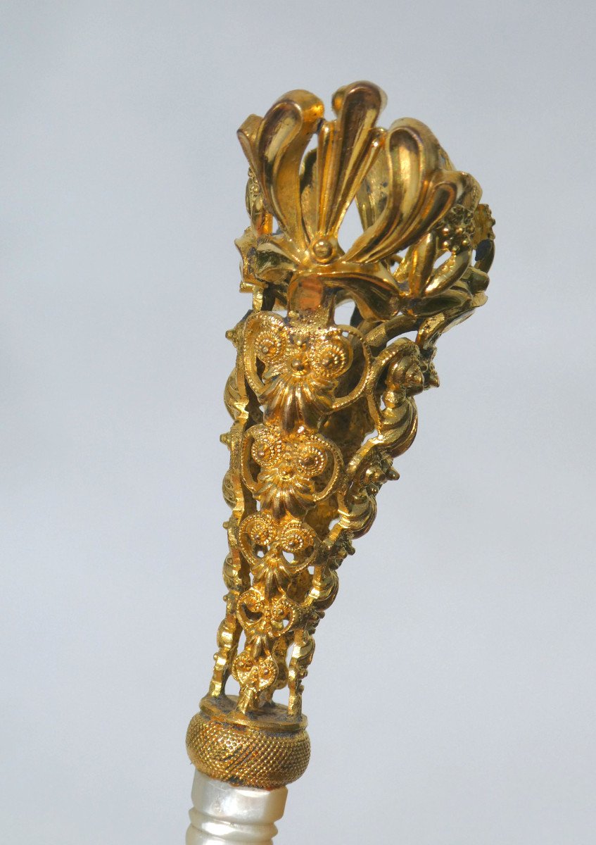 Napoleon III Period Ball Bouquet Holder, 19th Century Object Of Virtues, Mother-of-pearl & Pomponne Evening Jewel-photo-4