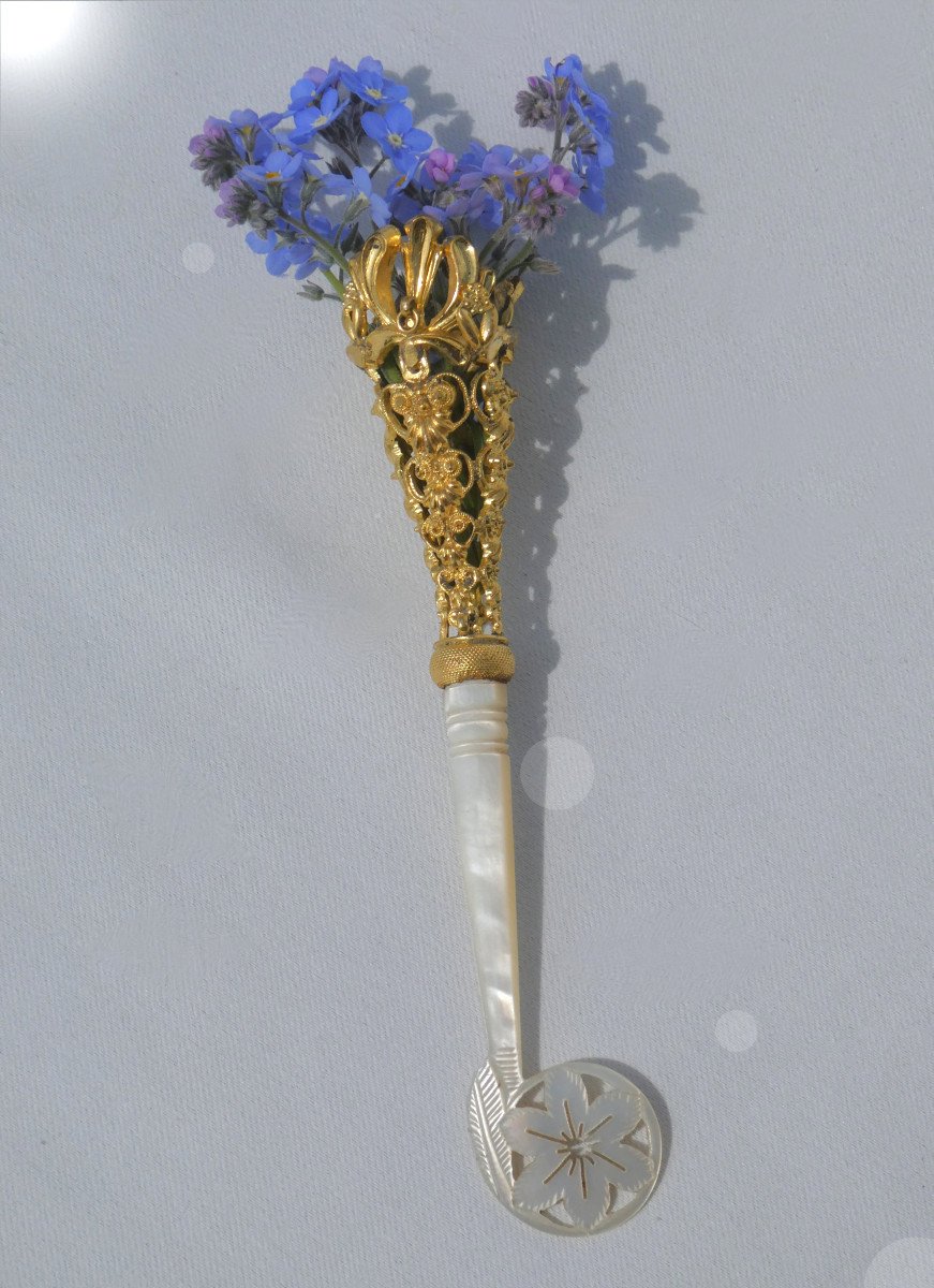 Napoleon III Period Ball Bouquet Holder, 19th Century Object Of Virtues, Mother-of-pearl & Pomponne Evening Jewel