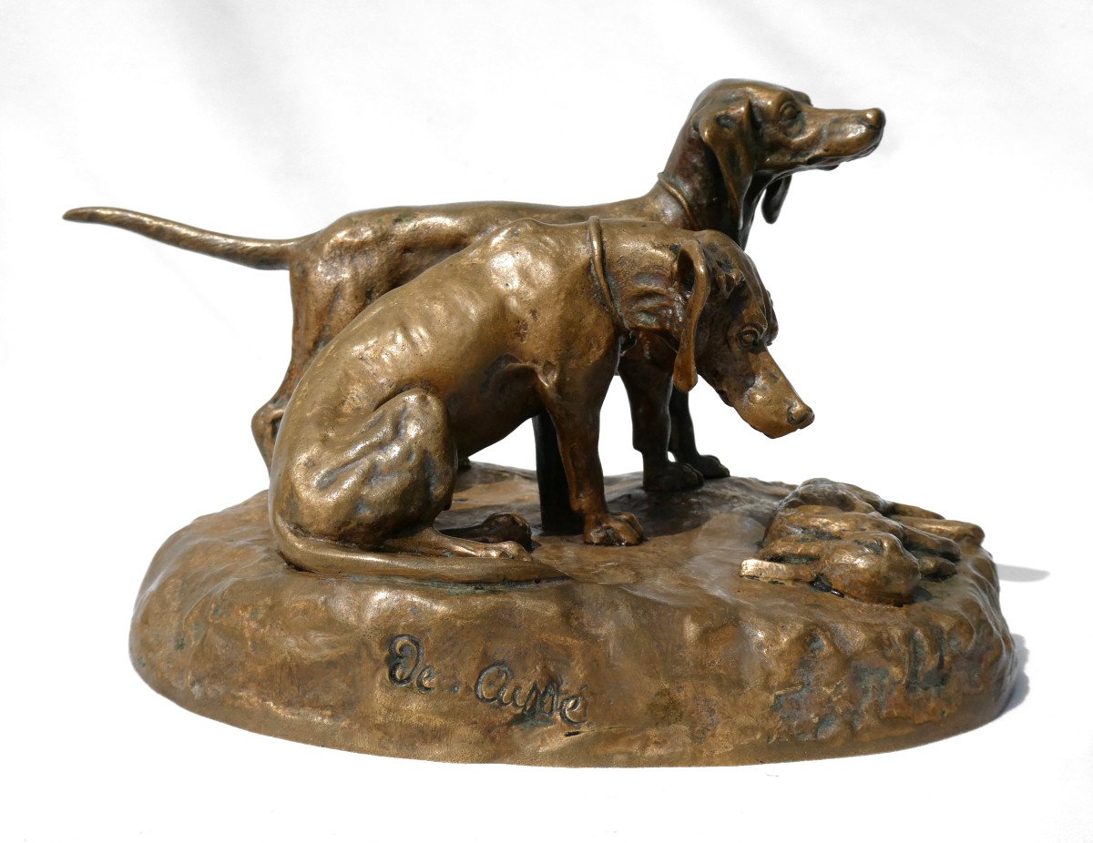 Sculpture En Bronze Patiné , Sujet Animalier , Deux Chiens De Chasse époque XIXe Siecle , Signé-photo-2