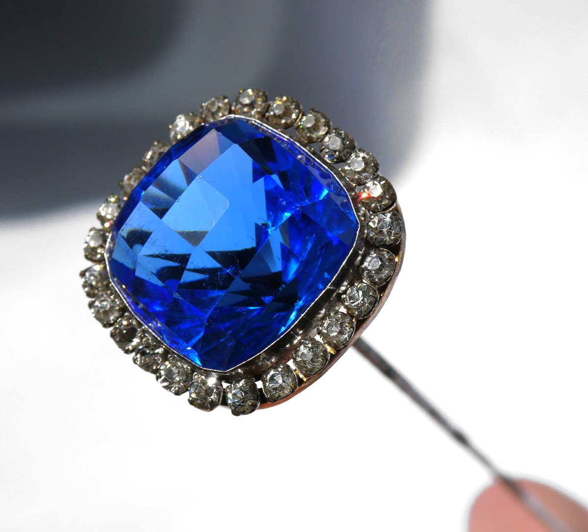 Large Hat Pin Art Nouveau Period, Blue Sapphire & Rhinestones, Hair Jewelry 1900-photo-3