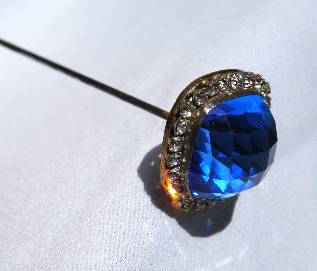 Large Hat Pin Art Nouveau Period, Blue Sapphire & Rhinestones, Hair Jewelry 1900-photo-4