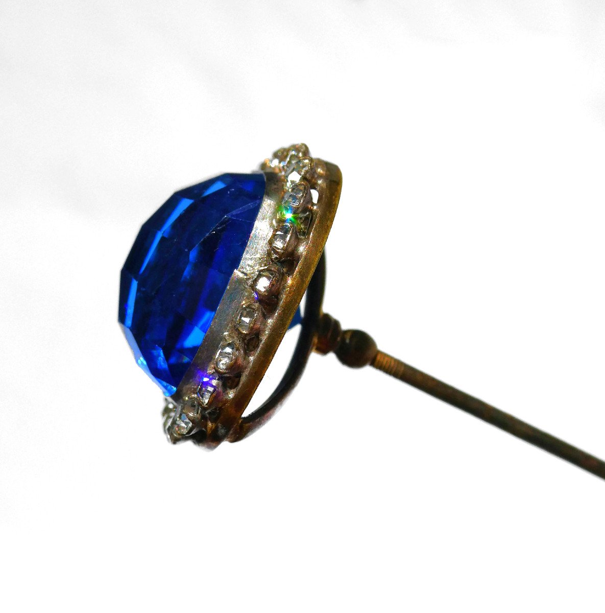 Large Hat Pin Art Nouveau Period, Blue Sapphire & Rhinestones, Hair Jewelry 1900-photo-2